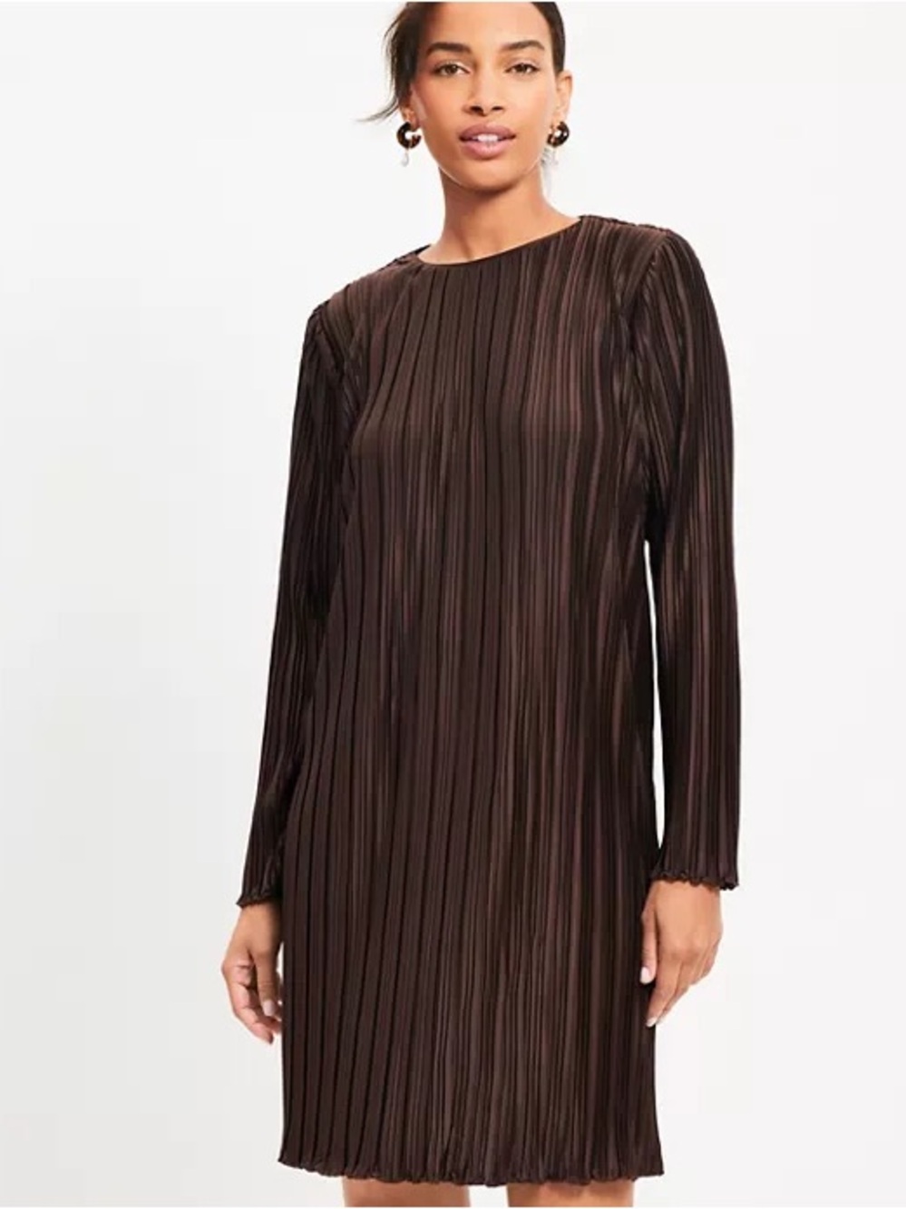 NWT: Loft Petite Small Long Sleeve Pleated Shift Dress in Brown